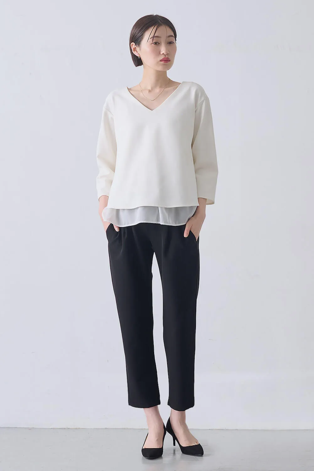 P・パンツ ストレッチジョーゼットテーパード