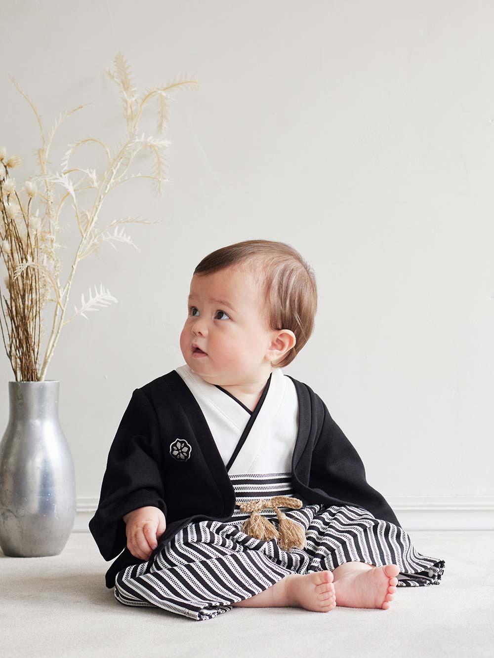 子供ベビー紋付き袴ロンパース70羽織セットアップ男の子赤ちゃん黒ブラック着物和服